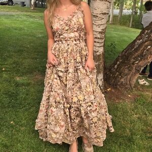 Mac Duggal Beige Floral Print Tiered Midi Dress